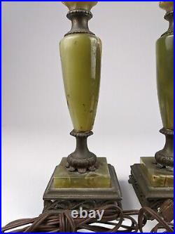 Pair Of Antique Art Deco Green Onyx Brass Table Lamps C. 1920