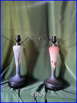 Pair Of Antique Art Deco Hand Painted Glass Table Lamps RARE