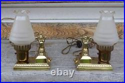 Pair Of Art Deco Figural Side Bed Desk Boudoir Lamp Full Brass With Glass Shade