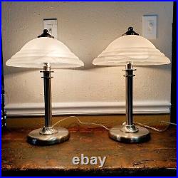 Pair Of Art Deco Stainless Lamps With Frosted Glass Shades