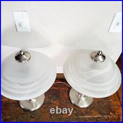 Pair Of Art Deco Stainless Lamps With Frosted Glass Shades