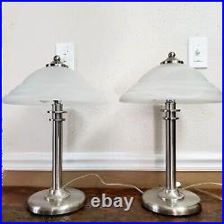 Pair Of Art Deco Stainless Lamps With Frosted Glass Shades