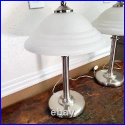 Pair Of Art Deco Stainless Lamps With Frosted Glass Shades