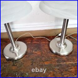 Pair Of Art Deco Stainless Lamps With Frosted Glass Shades