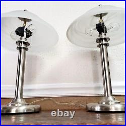 Pair Of Art Deco Stainless Lamps With Frosted Glass Shades