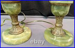 Pair Of MCM Green Onyx & Brass Art Deco Table Lamps Original Wiring Works EC