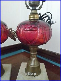 Pair Of Two 2 Vintage Red Amber Glass Cranberry Table Desk Lamps Marble Base MCM