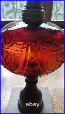 Pair Of Two 2 Vintage Red Amber Glass Cranberry Table Desk Lamps Marble Base MCM