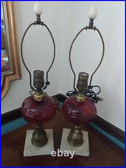 Pair Of Two 2 Vintage Red Amber Glass Cranberry Table Desk Lamps Marble Base MCM