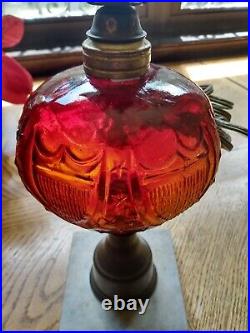 Pair Of Two 2 Vintage Red Amber Glass Cranberry Table Desk Lamps Marble Base MCM