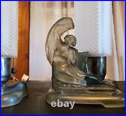 Pair Of Vintage Art Deco Angel with Harp Frosted Glass Boudoir Lamps Nude