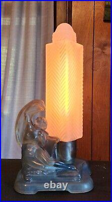 Pair Of Vintage Art Deco Angel with Harp Frosted Glass Boudoir Lamps Nude