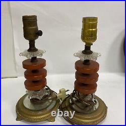 Pair Of Vintage Art Deco Lamps Butterscotch Catalin Bakelite Glass