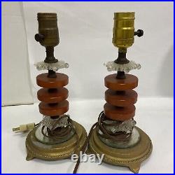 Pair Of Vintage Art Deco Lamps Butterscotch Catalin Bakelite Glass