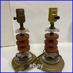 Pair Of Vintage Art Deco Lamps Butterscotch Catalin Bakelite Glass