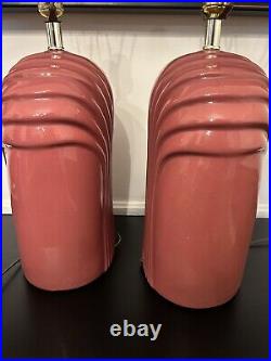 Pair Of Vintage Art Deco Revival Ceramic Table Lamps Mauve Pink 80s