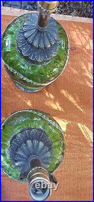 Pair Of Vintage Green Glass Lamps Hand Applied Bronze Detail & Frosted Design