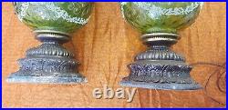 Pair Of Vintage Green Glass Lamps Hand Applied Bronze Detail & Frosted Design