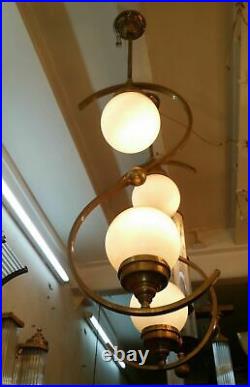 Pair Old Art Deco Bauhaus Fixture Ceiling Brass Hanging Light Milk Glass Lamp
