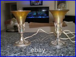 Pair Pairpoint School Bronzed Metal & Steuben Aurene Boudoir Lamps Unsigned 1920