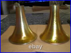 Pair Pairpoint School Bronzed Metal & Steuben Aurene Boudoir Lamps Unsigned 1920
