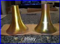 Pair Pairpoint School Bronzed Metal & Steuben Aurene Boudoir Lamps Unsigned 1920