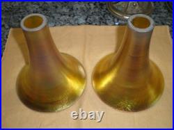 Pair Pairpoint School Bronzed Metal & Steuben Aurene Boudoir Lamps Unsigned 1920