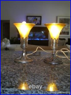 Pair Pairpoint School Bronzed Metal & Steuben Aurene Boudoir Lamps Unsigned 1920