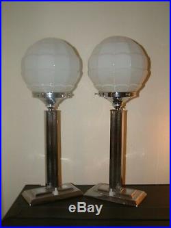 Pair Stepped Chrome Modernist Art Deco Lamp Lampe Classic White Odeon Shade