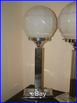 Pair Stepped Chrome Modernist Art Deco Lamp Lampe Classic White Odeon Shade