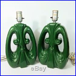 Pair VTG MCM Art Deco Green Ceramic Table Lamps, Rewired, Works! Damaged wire
