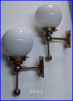 Pair Vintage Art Deco Brass Milk Glass Shad Wall Fixture Sconces Ship Light Lamp