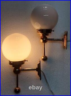 Pair Vintage Art Deco Brass Milk Glass Shad Wall Fixture Sconces Ship Light Lamp