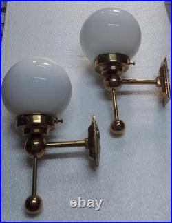 Pair Vintage Art Deco Brass Milk Glass Shad Wall Fixture Sconces Ship Light Lamp