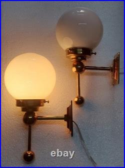 Pair Vintage Art Deco Brass Milk Glass Shad Wall Fixture Sconces Ship Light Lamp