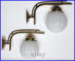 Pair Vintage Art Deco Brass Milk Glass Wall Fixture Sconces Ship Light Lamp