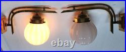 Pair Vintage Art Deco Brass Milk Glass Wall Fixture Sconces Ship Light Lamp