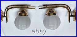 Pair Vintage Art Deco Brass Milk Glass Wall Fixture Sconces Ship Light Lamp