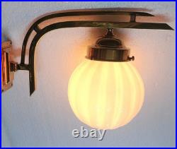Pair Vintage Art Deco Brass Milk Glass Wall Fixture Sconces Ship Light Lamp