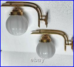 Pair Vintage Art Deco Brass Milk Glass Wall Fixture Sconces Ship Light Lamp