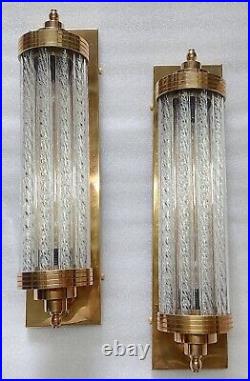 Pair Vintage Art Deco Brass & Ribbed Glass Rod Light Fixture Wall Sconces Lamp
