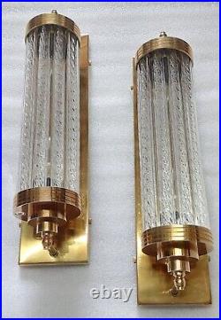 Pair Vintage Art Deco Brass & Ribbed Glass Rod Light Fixture Wall Sconces Lamp