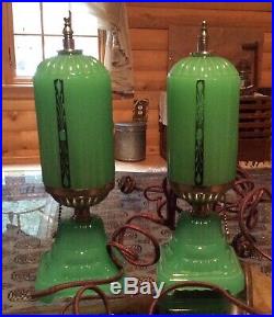 Pair Vintage Art Deco Green Glass Bullet Skyscraper Boudoir Lamps