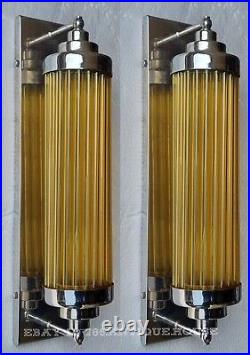 Pair Vintage Art Deco Nickel Brass Amber Glass Rod Ship Light Wall Sconces Lamp