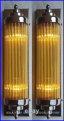 Pair Vintage Art Deco Nickel Brass Amber Glass Rod Ship Light Wall Sconces Lamp