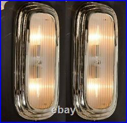 Pair Vintage Art Deco Nickel Brass & Glass Wall Ceiling Sconces Ship Light Lamp