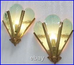 Pair Vintage Art Deco Nouveau Brass Glass Fixture Slip Shade Wall Sconces Lamp