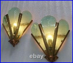 Pair Vintage Art Deco Nouveau Brass Glass Fixture Slip Shade Wall Sconces Lamp