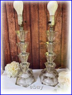 Pair Vintage Art Deco Stacked Floral Etched Clear Glass Table Lamps No Shade