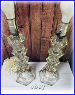 Pair Vintage Art Deco Stacked Floral Etched Clear Glass Table Lamps No Shade